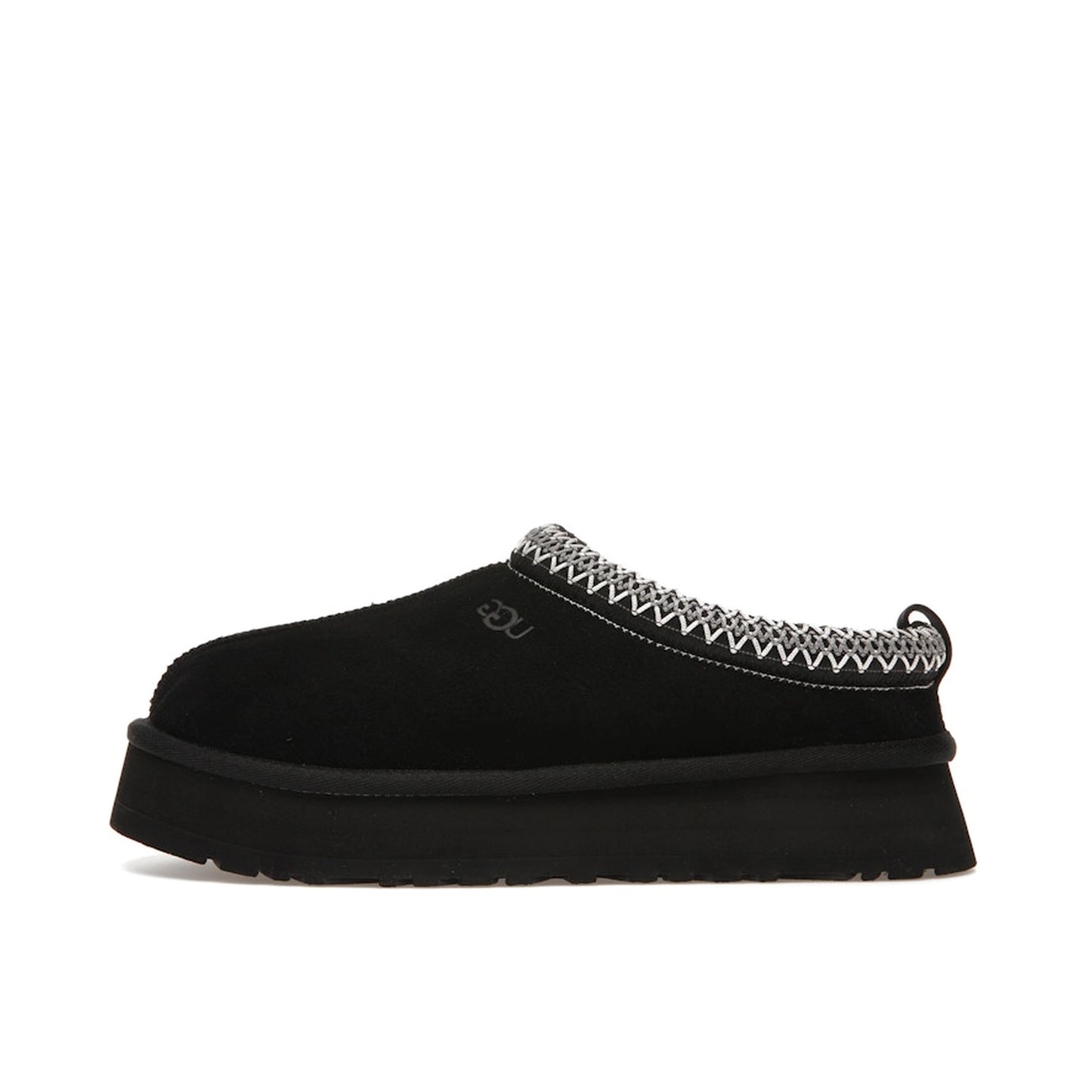 UGG Tazz Women's Slipper, side view, model 1122553-BLK, featuring a black upper with a platform sole.