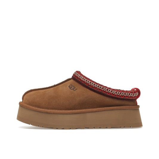 UGG Tazz Slipper Chestnut, side view, women's model 1122553-CHE in chestnut suede with signature thick wool lining and platform sole.