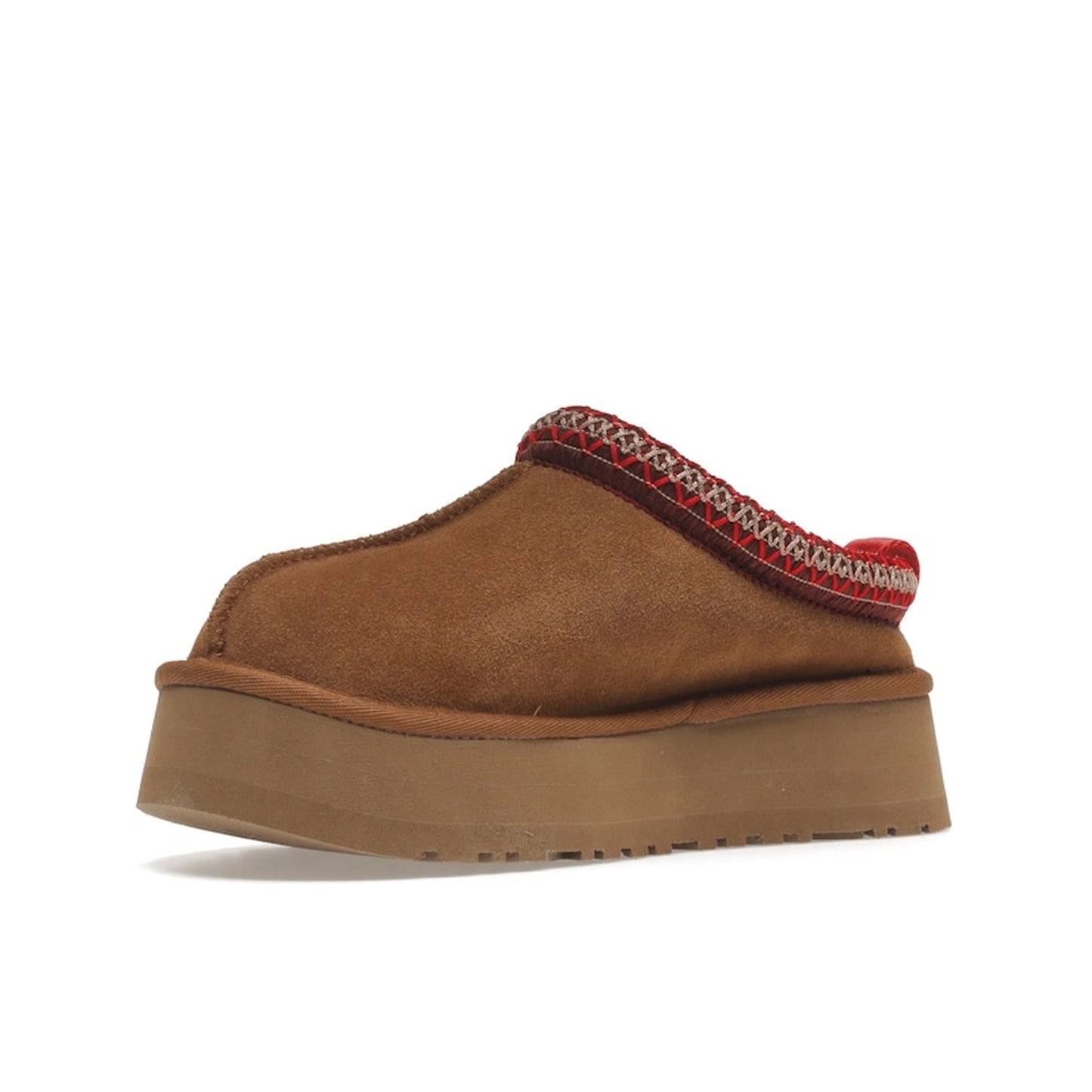 UGG Tazz Slipper Chestnut, front view, women's model 1122553-CHE in chestnut suede with signature thick wool lining and platform sole.