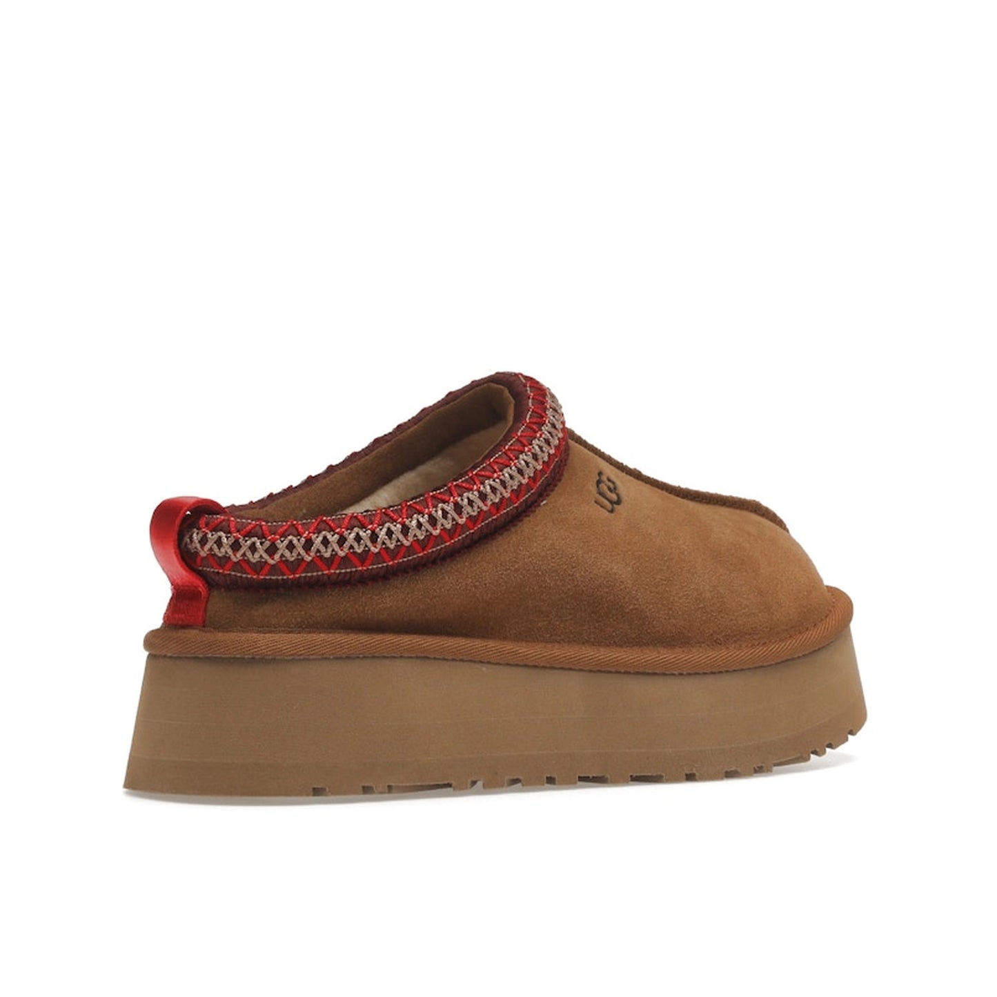 UGG Tazz Slipper Chestnut, back view, women's model 1122553-CHE in chestnut suede with signature thick wool lining and platform sole.