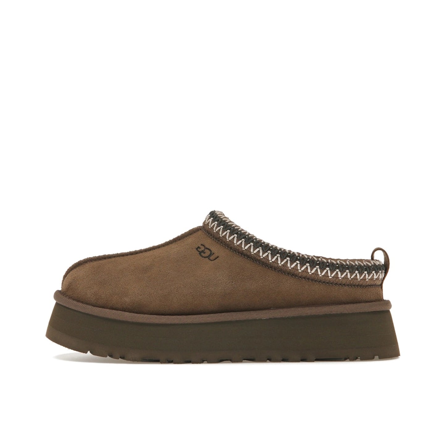 UGG Tazz Slipper Hickory Women's slippers, side view, model 1122553-HCK, in hickory brown with cozy interior.