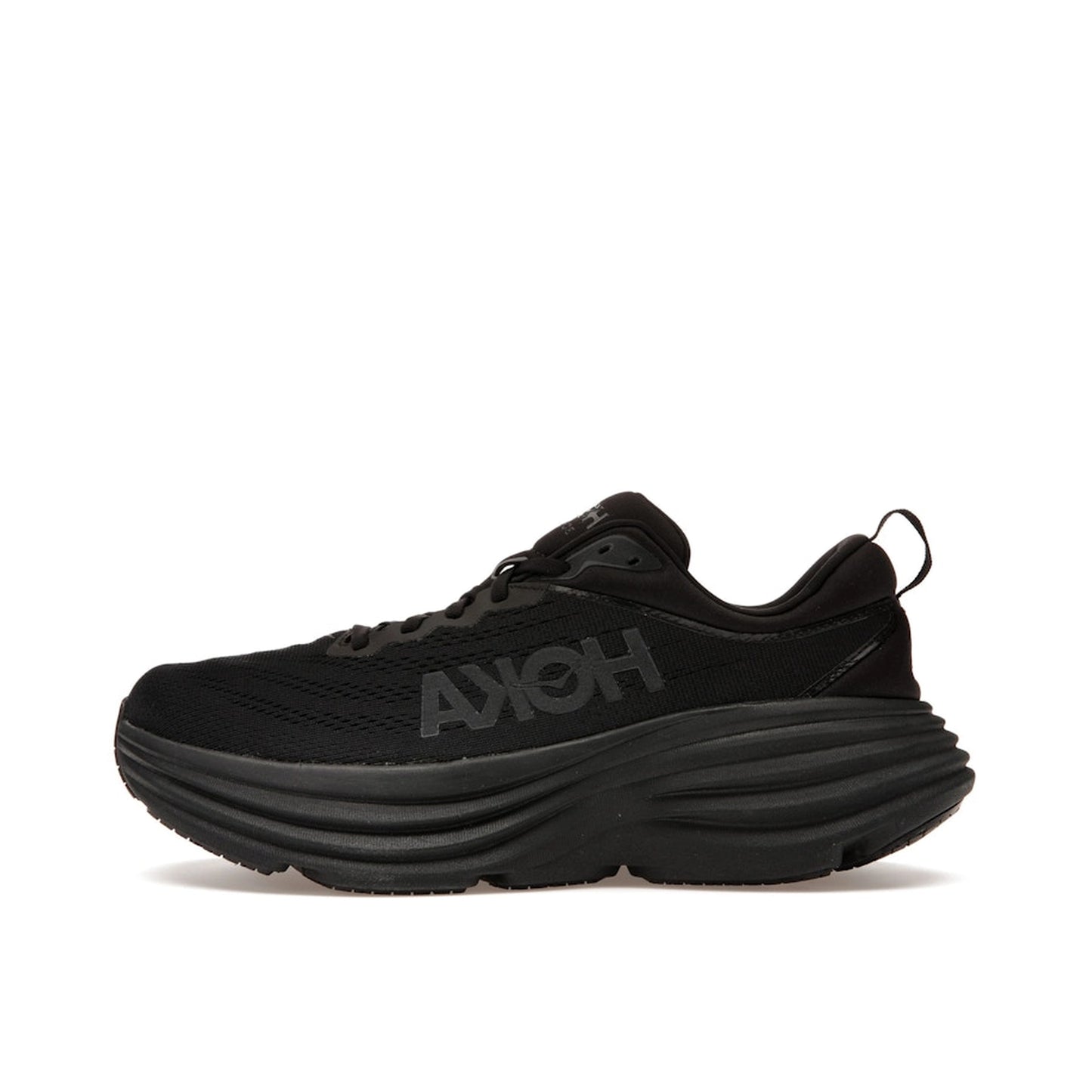 Hoka One One Bondi 8 Triple Black sneakers, side view, in all-black with cushioned sole.