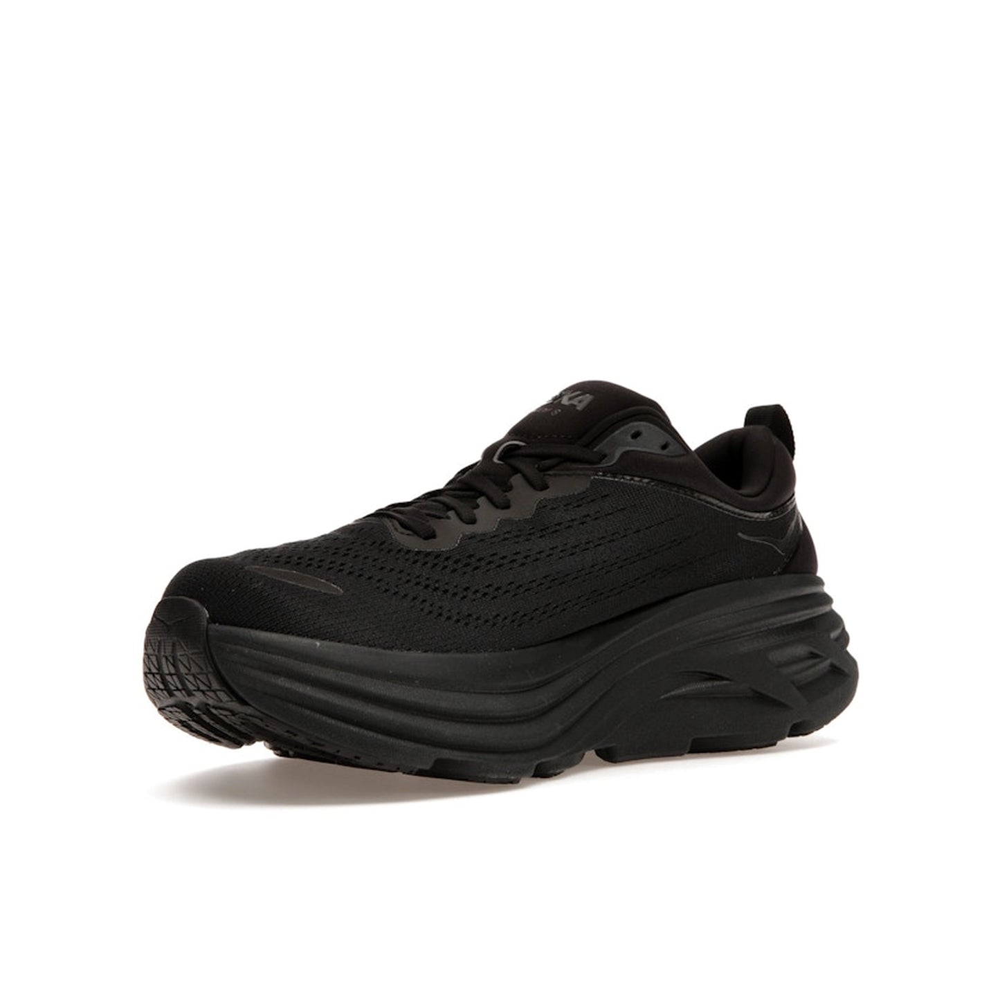 Hoka One One Bondi 8 Triple Black sneakers, front view, in all-black with cushioned sole.