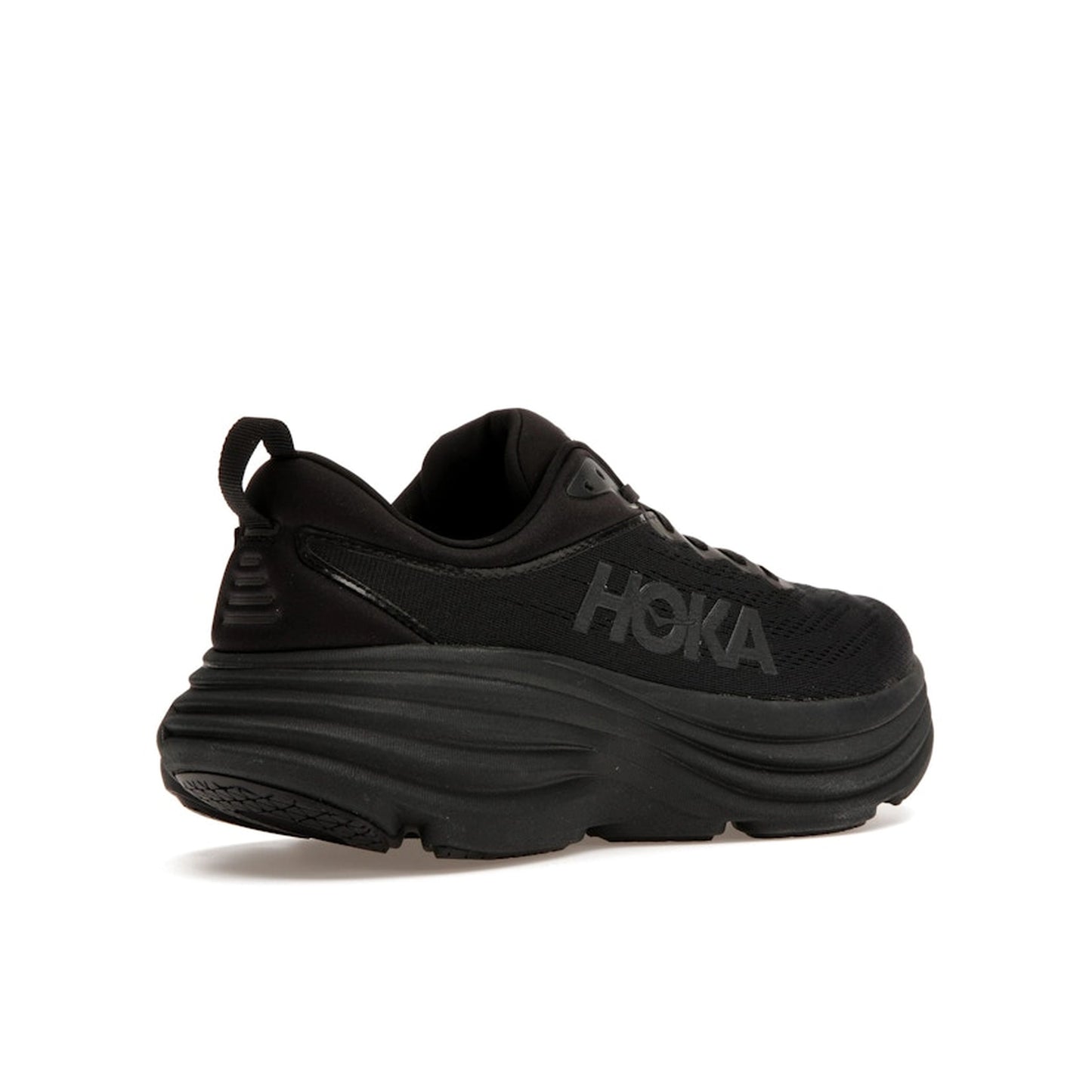 Hoka One One Bondi 8 Triple Black sneakers, back view, in all-black with cushioned sole.