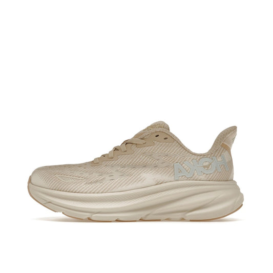 Hoka One One Clifton 9 sneakers for women, side view, model 1127896-SSEG, in shifting sand color with a comfortable fit.