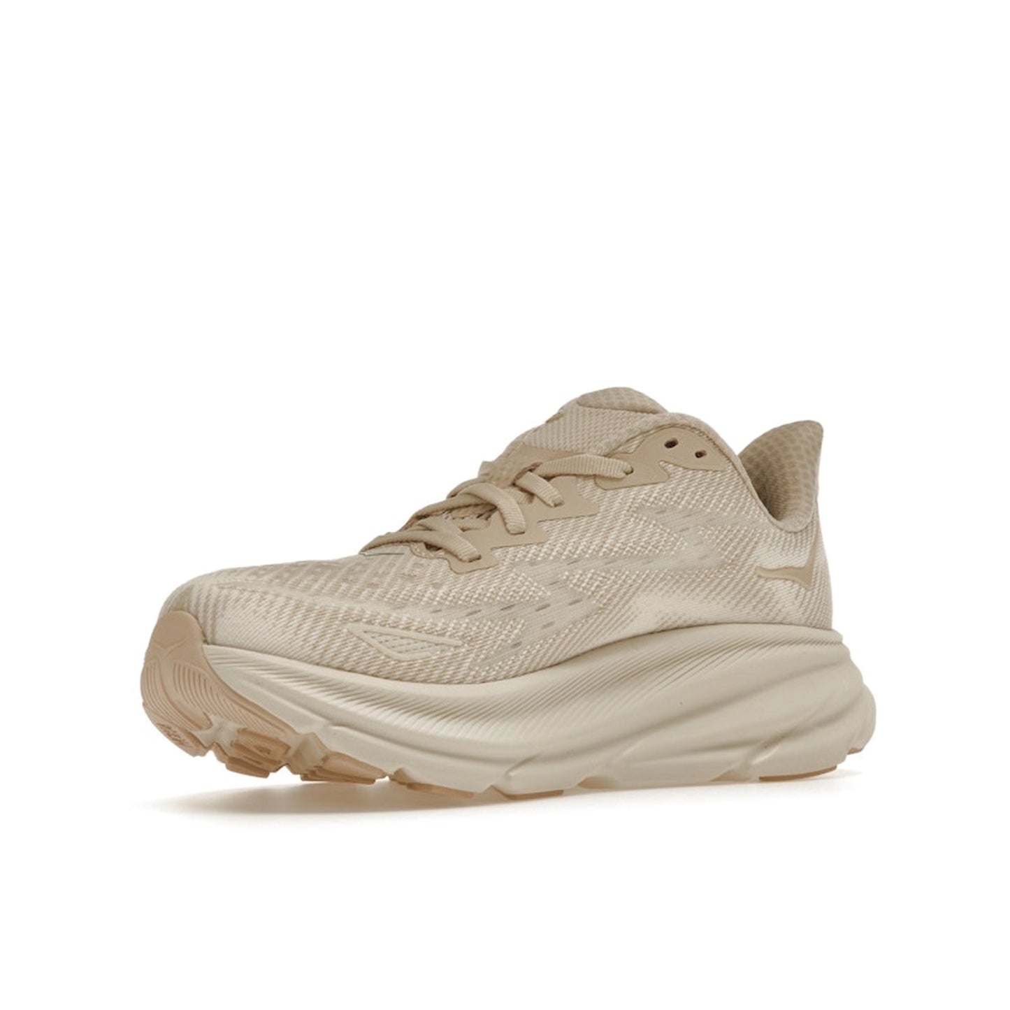 Hoka One One Clifton 9 sneakers for women, front view, model 1127896-SSEG, in shifting sand color with a comfortable fit.
