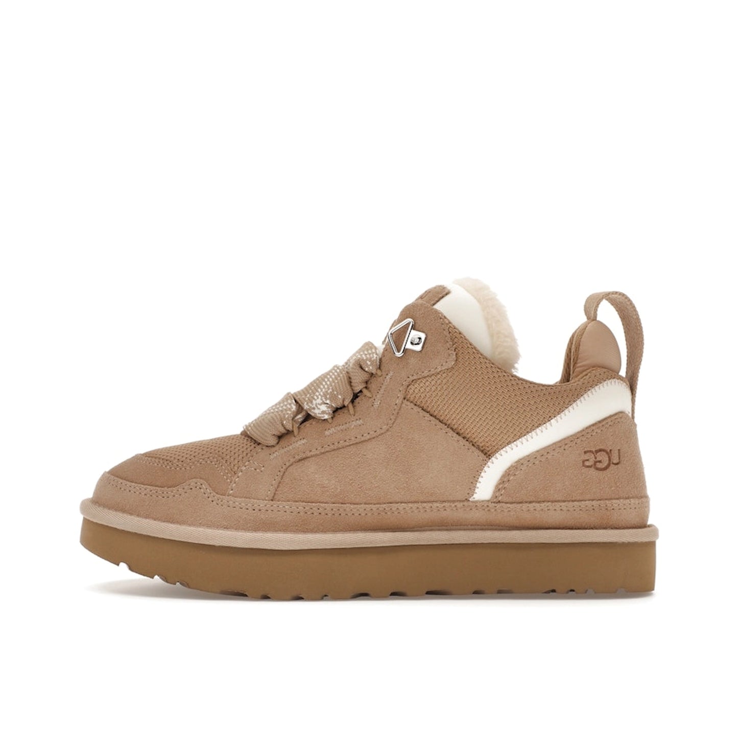 UGG Lowmel Sand Women's slippers, side view, model 1144032-SAN, in soft sand color with plush lining.