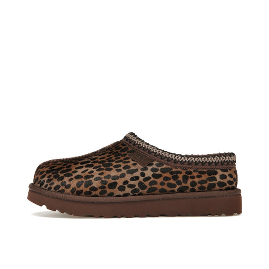 UGG Tasman Slipper Women's, side view, model 1158350-BCDR, in caspian burnt cedar with leopard print.