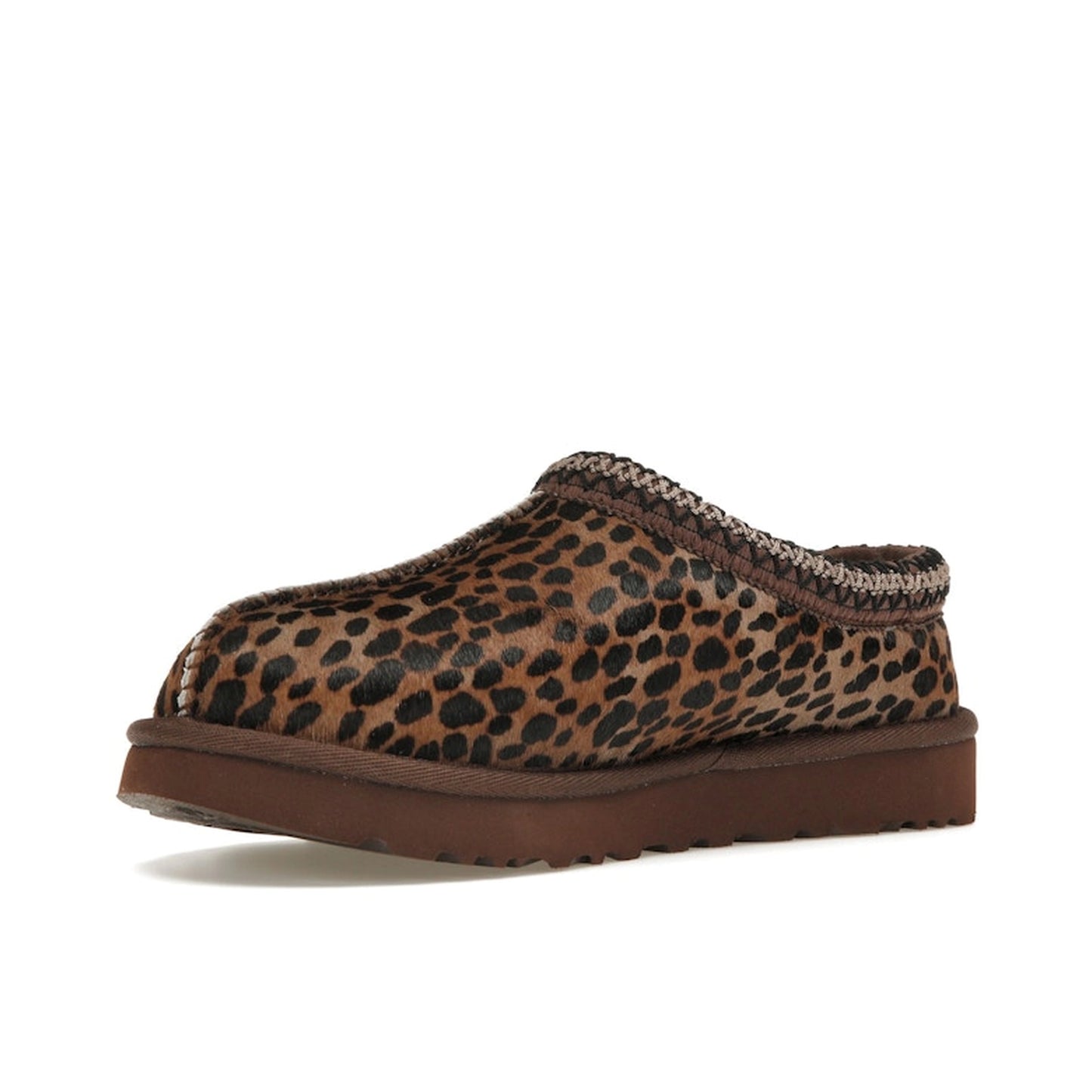 UGG Tasman Slipper Women's, front view, model 1158350-BCDR, in caspian burnt cedar with leopard print.