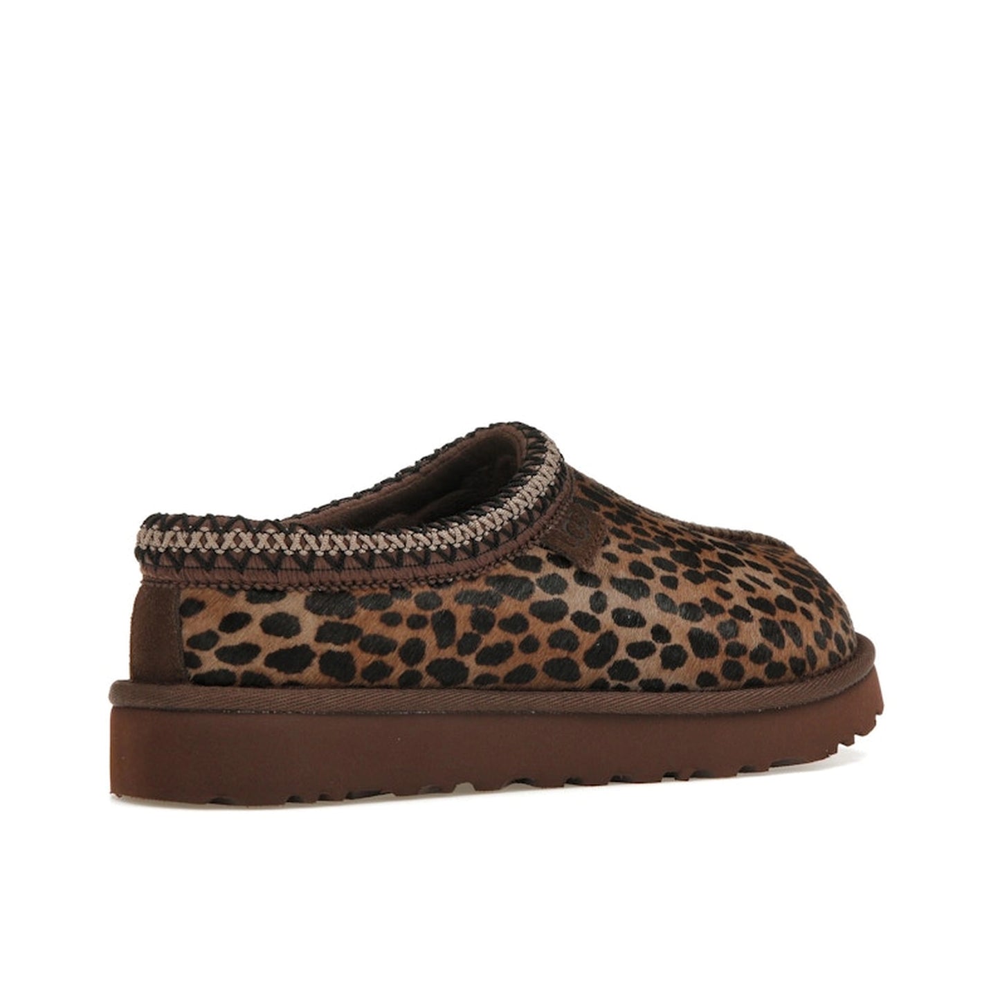 UGG Tasman Slipper Women's, back view, model 1158350-BCDR, in caspian burnt cedar with leopard print.
