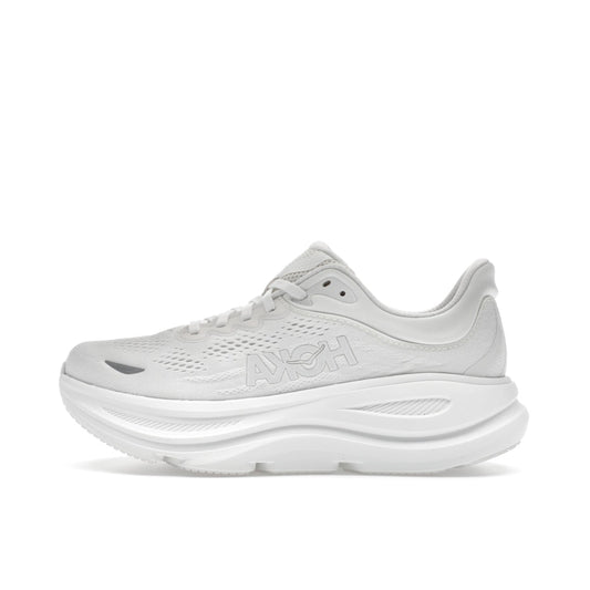Hoka One One Bondi 9, side view, sleek triple white colorway with cushioned sole.