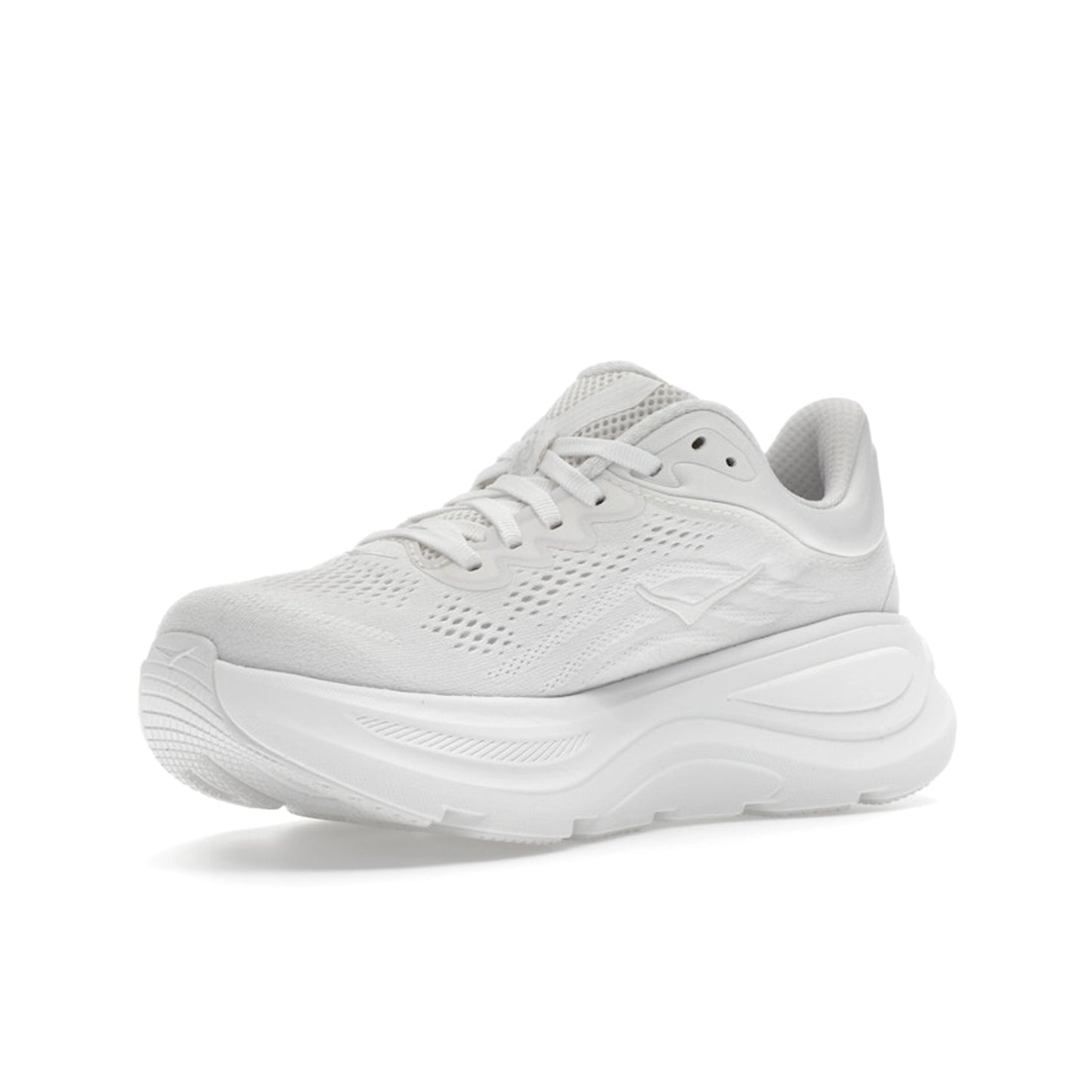 Hoka One One Bondi 9, front view, sleek triple white colorway with cushioned sole.
