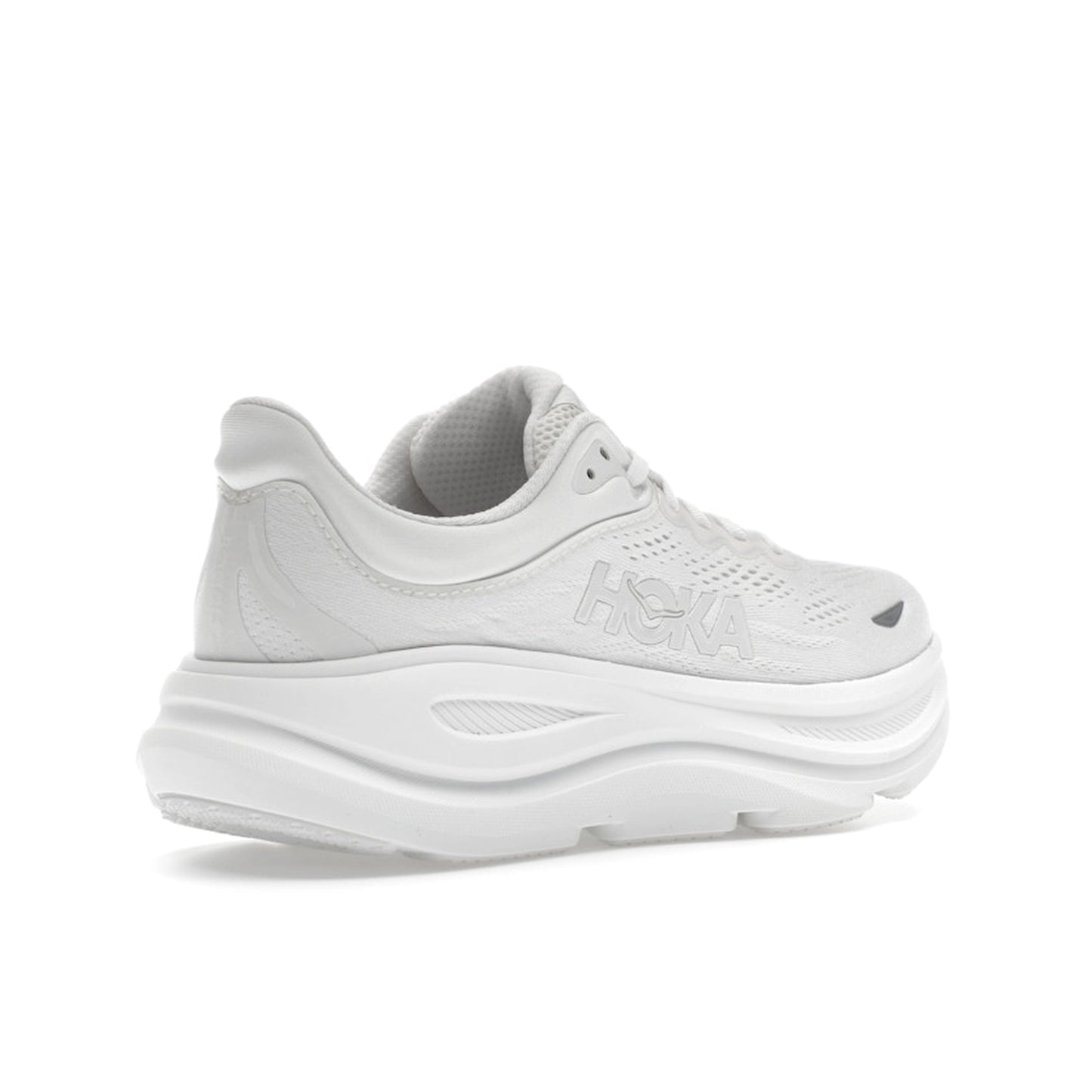 Hoka One One Bondi 9, back view, sleek triple white colorway with cushioned sole.