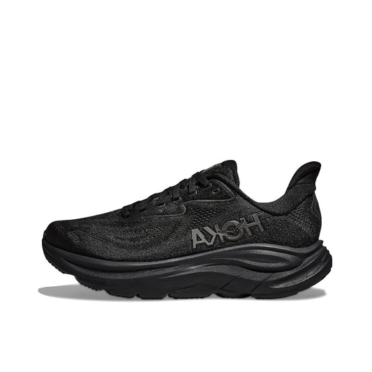 Hoka Clifton 10 Black, side view, all-black mesh upper with sculpted foam midsole.