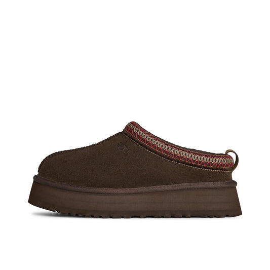 UGG Tazz II Slipper, side view, in Dusted Cocoa suede with cozy shearling lining and platform sole.