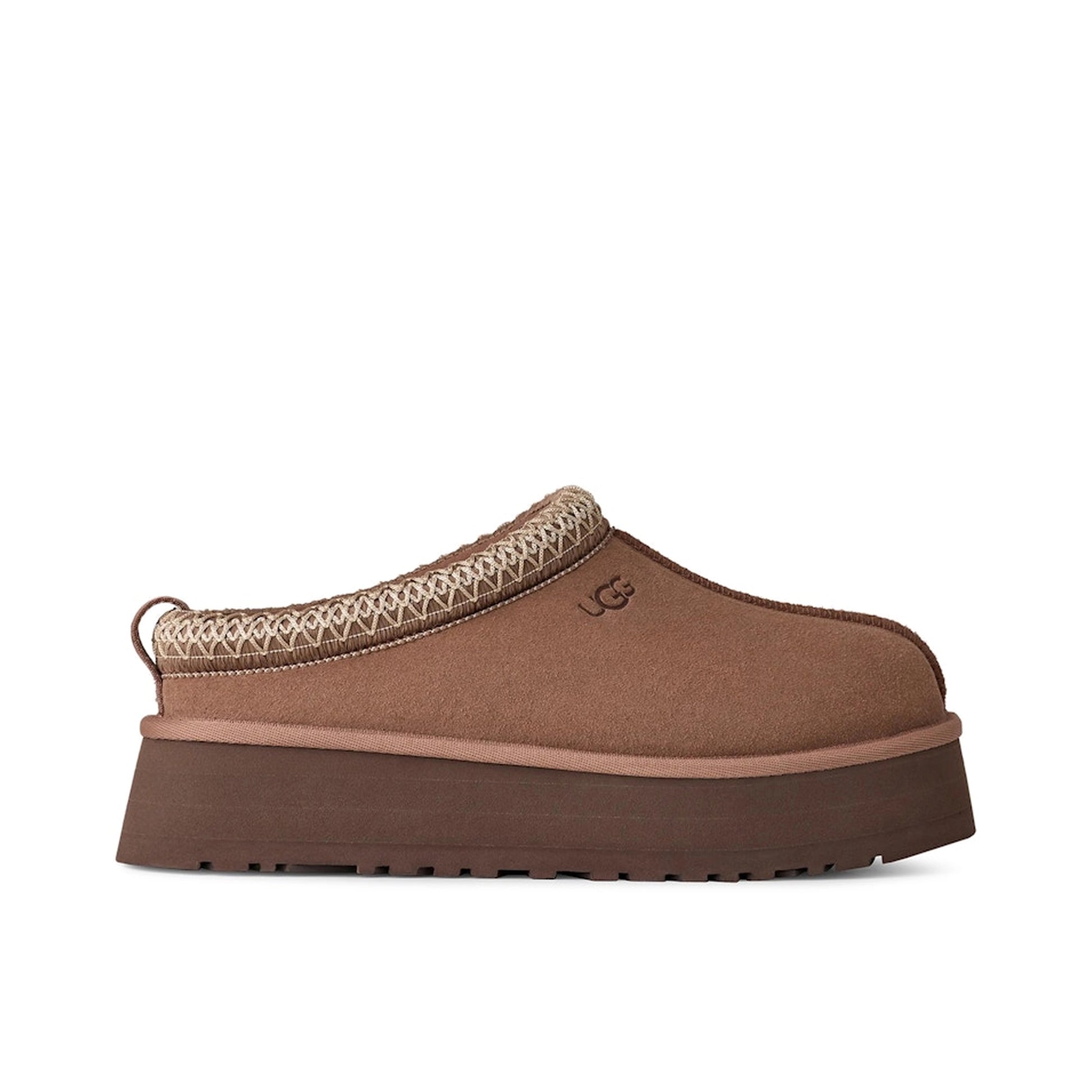 UGG Tazz II Slipper, side view, in Rocky Oak suede with platform sole and contrast stitching.