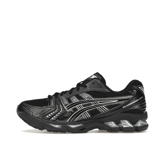 ASICS Gel-Kayano 14 sneakers, side view, in black with metallic silver details.