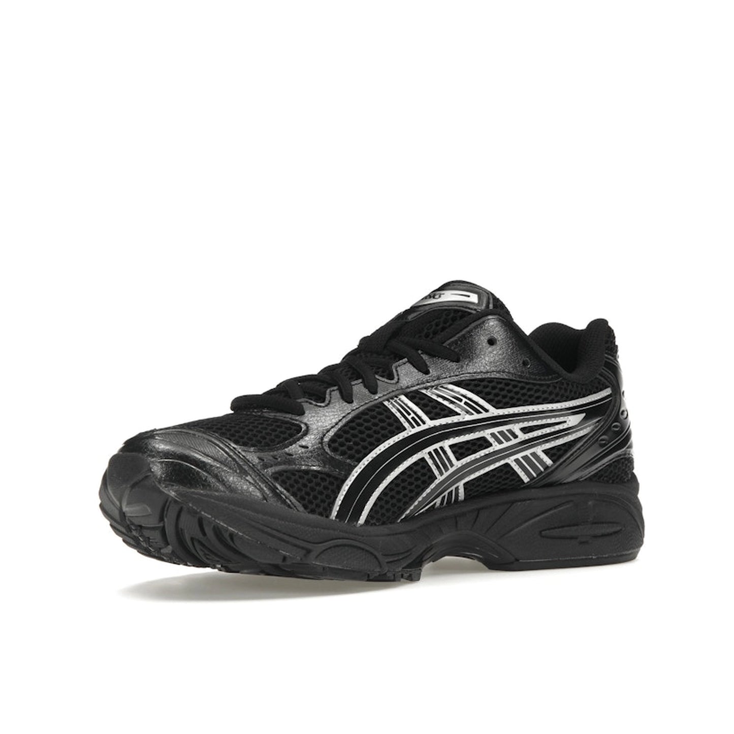 ASICS Gel-Kayano 14 sneakers, front view, in black with metallic silver details.