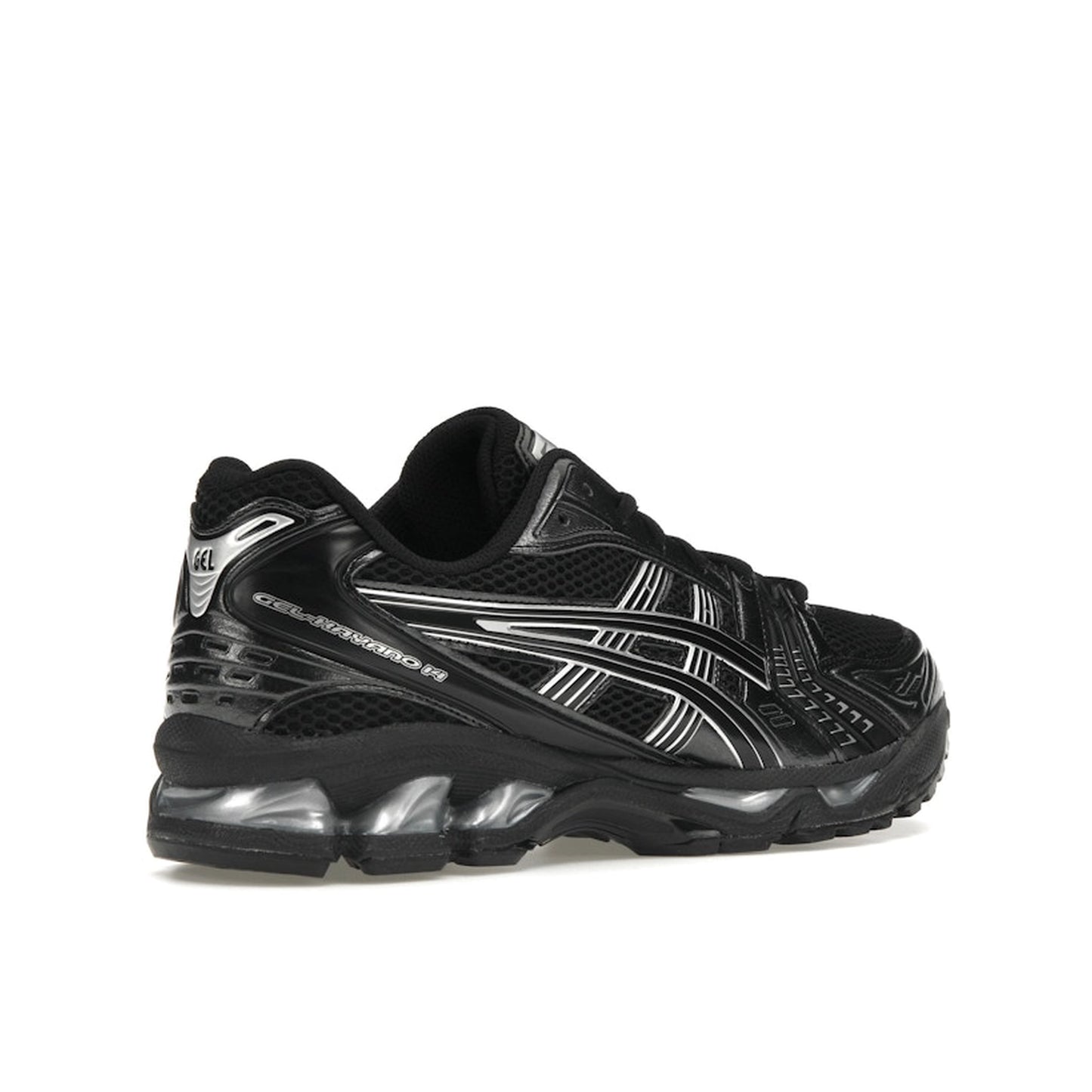 ASICS Gel-Kayano 14 sneakers, back view, in black with metallic silver details.