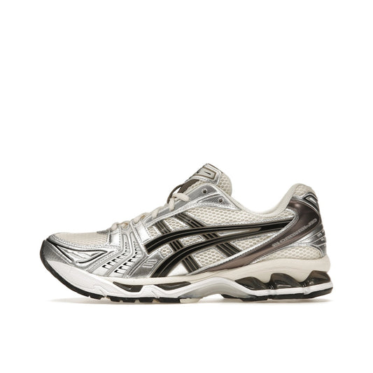 ASICS Gel-Kayano 14 sneakers, side view, model 1201A019-108, cream with black and metallic plum.