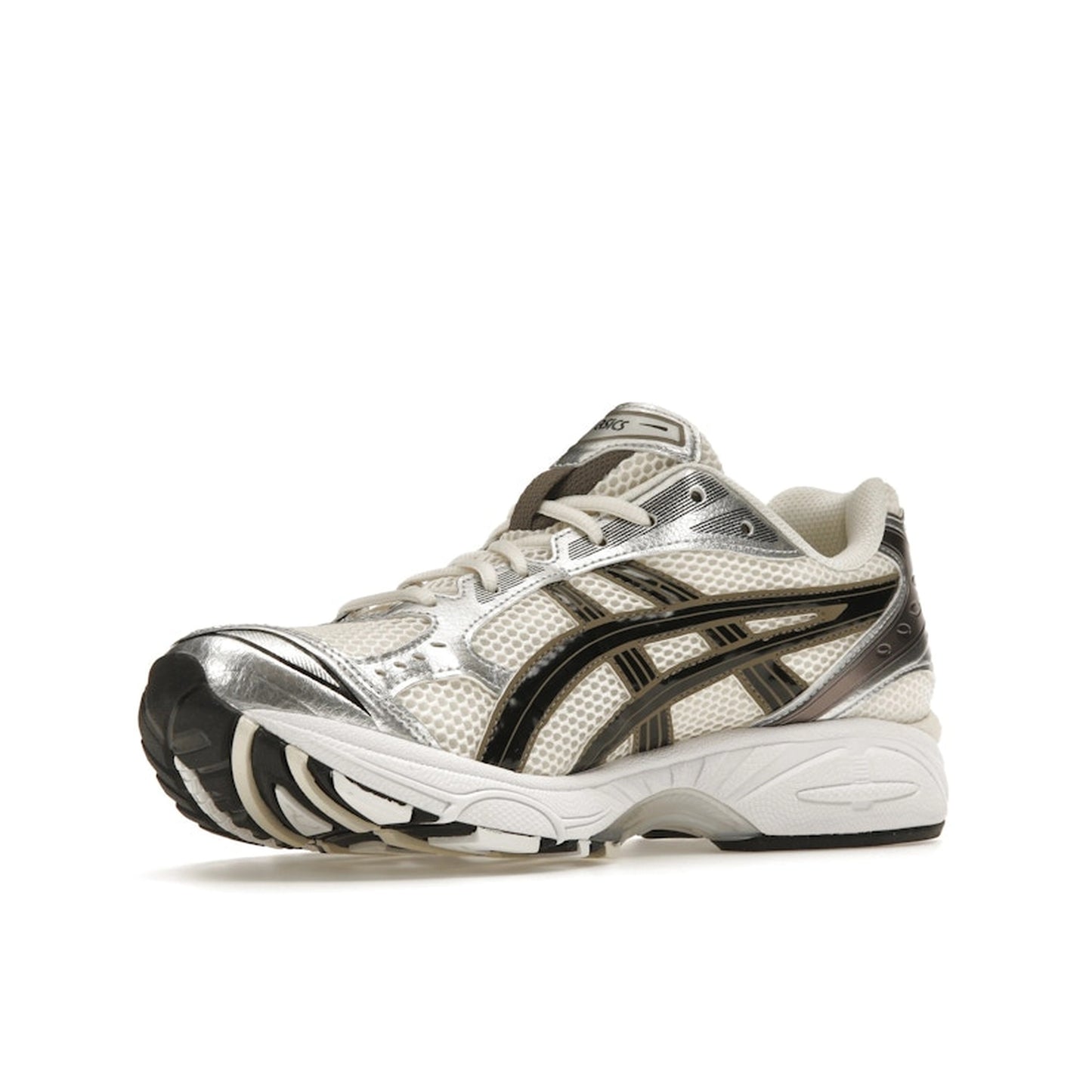 ASICS Gel-Kayano 14 sneakers, front view, model 1201A019-108, cream with black and metallic plum.