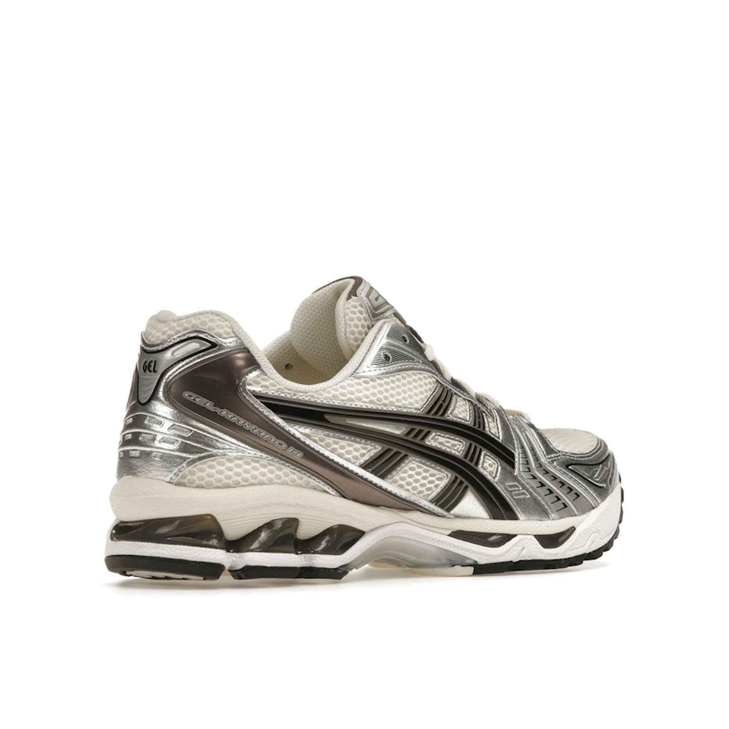 ASICS Gel-Kayano 14 sneakers, back view, model 1201A019-108, cream with black and metallic plum.