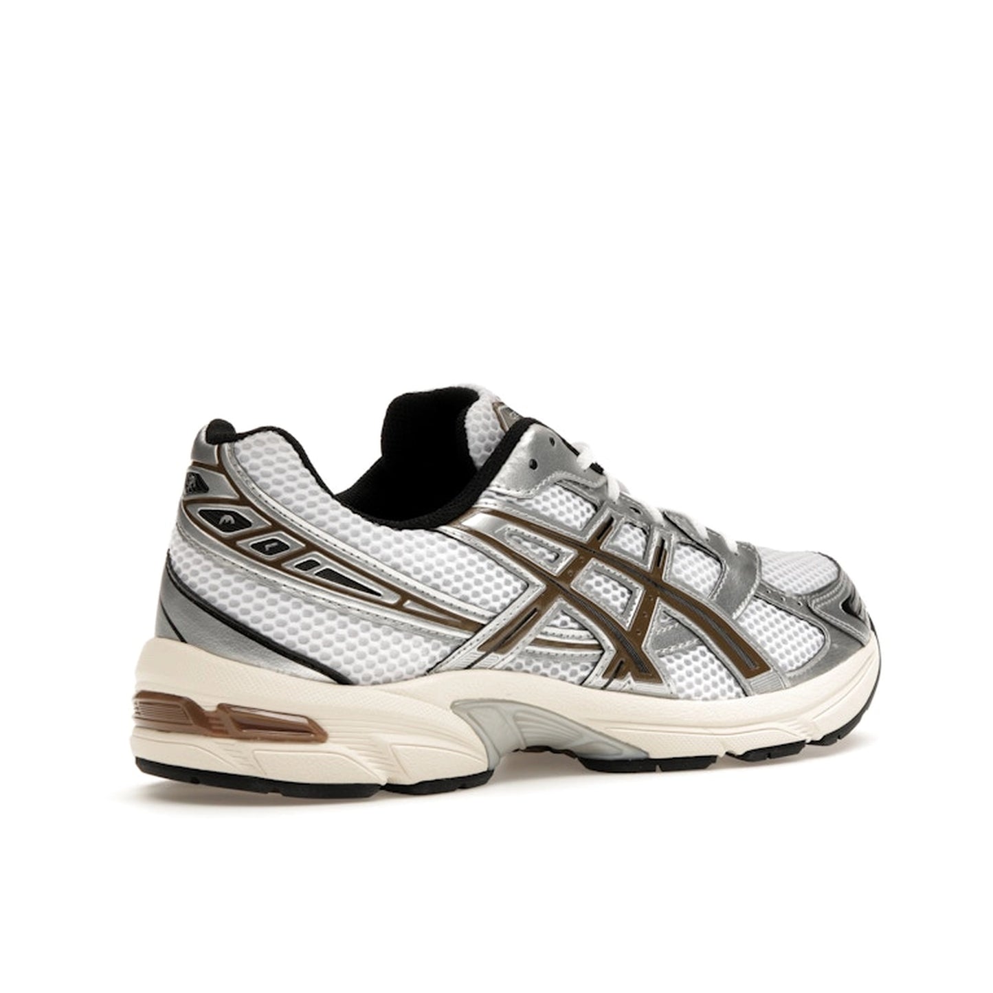 ASICS Gel-1130 sneakers, back view, model 1201A256-113, white with clay canyon accents.