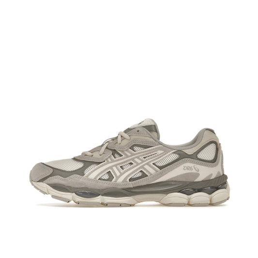 ASICS Gel-NYC Oyster Grey, side view, in soft grey mesh with tonal overlays and sculpted sole.