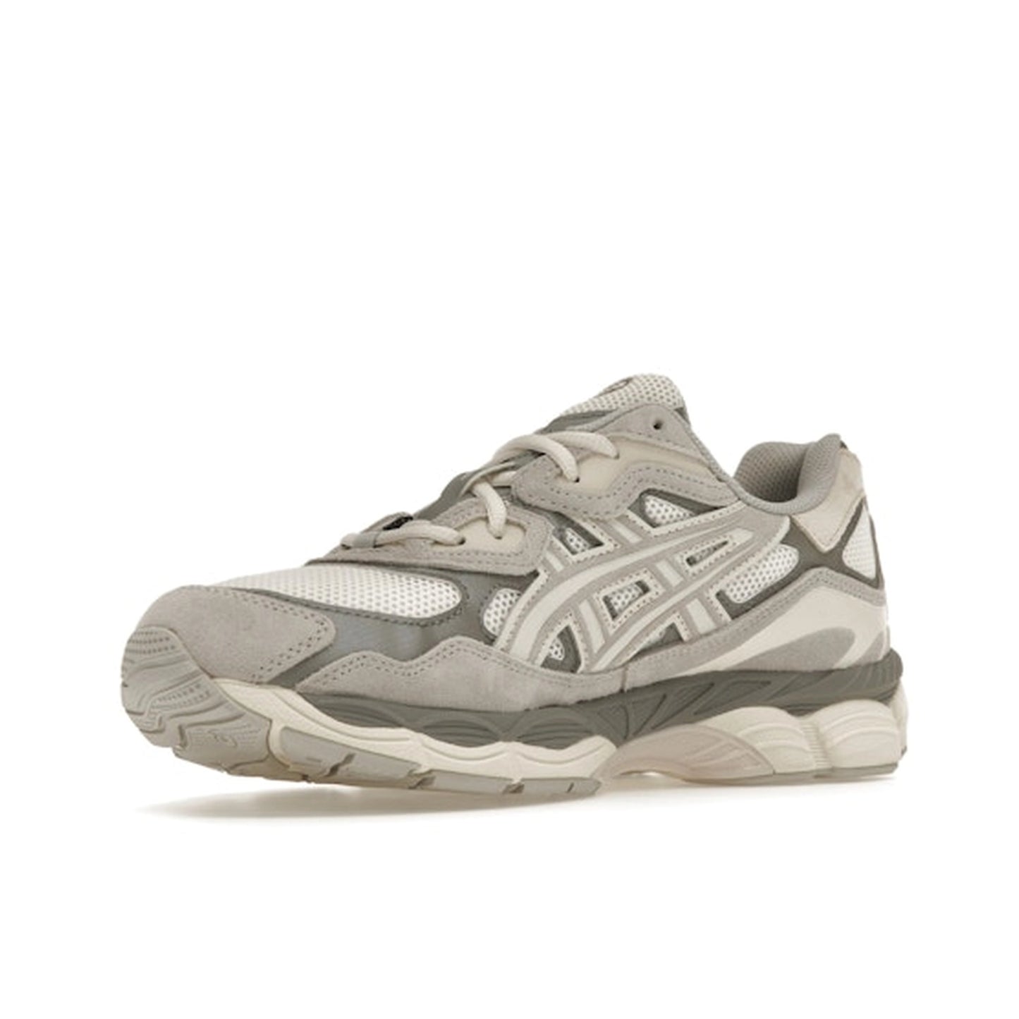 ASICS Gel-NYC Oyster Grey, front view, in soft grey mesh with tonal overlays and sculpted sole.