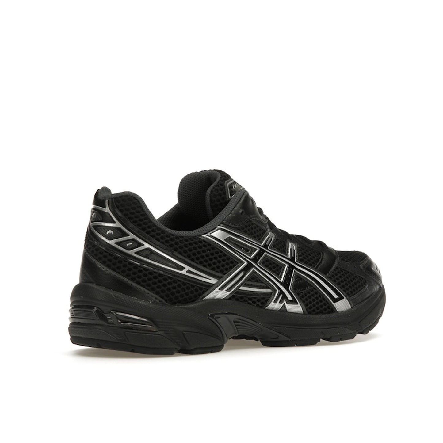 ASICS Gel-1130, back view, in black with silver tones and GEL cushioning technology.