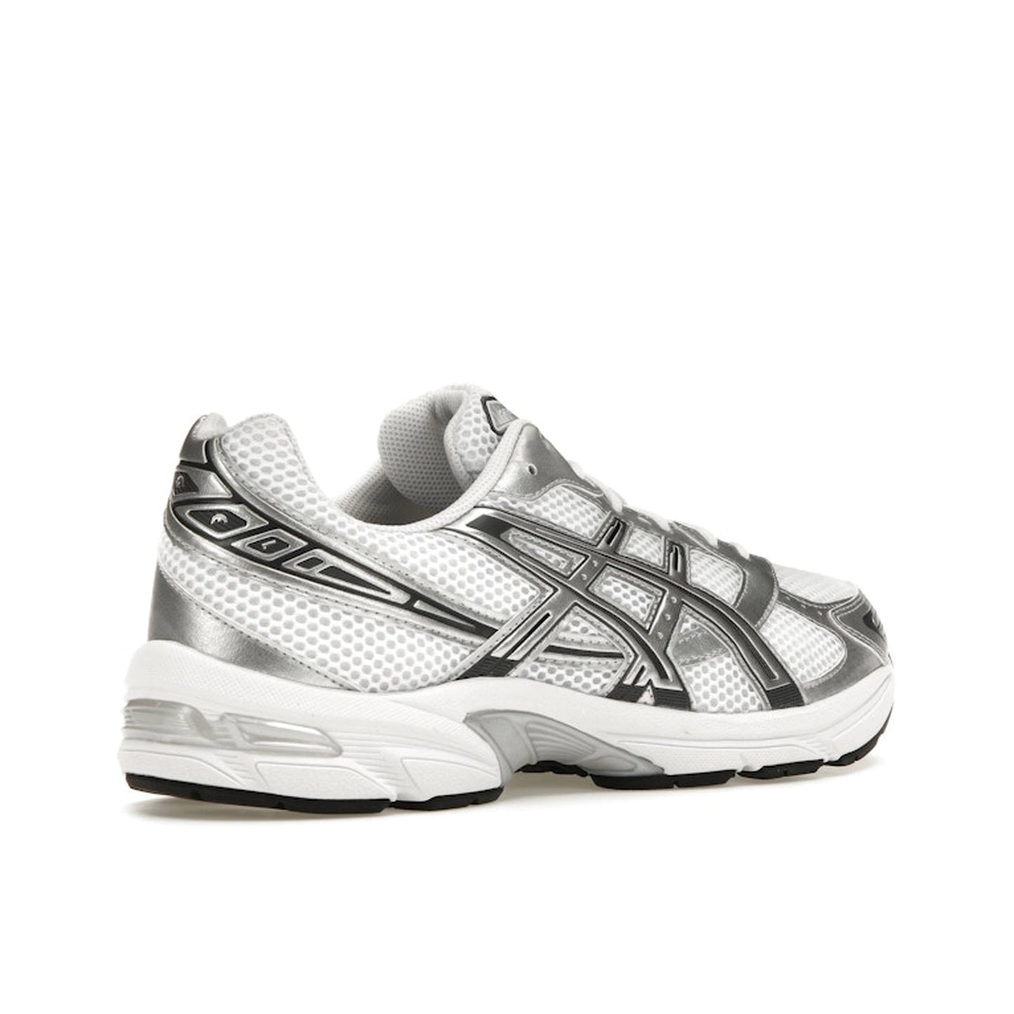 ASICS Gel-1130 sneakers, back view, in white with pure silver details.