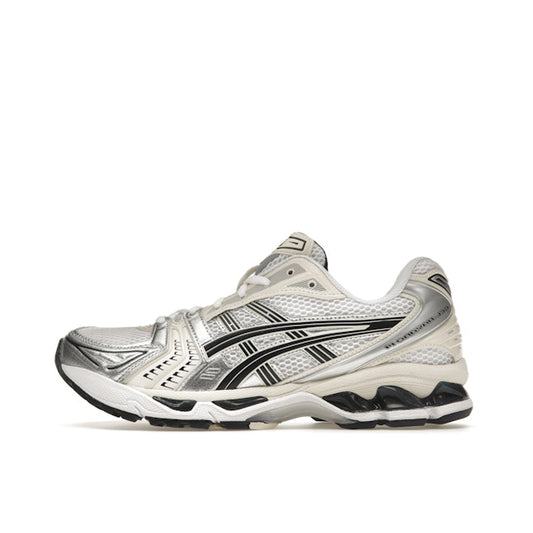 ASICS Gel-Kayano 14 Women’s sneakers, side view, in white with midnight navy accents.