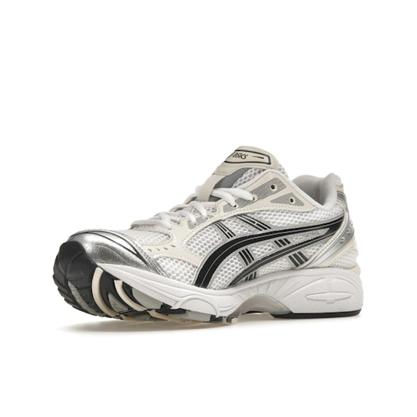 ASICS Gel-Kayano 14 Women’s sneakers, front view, in white with midnight navy accents.