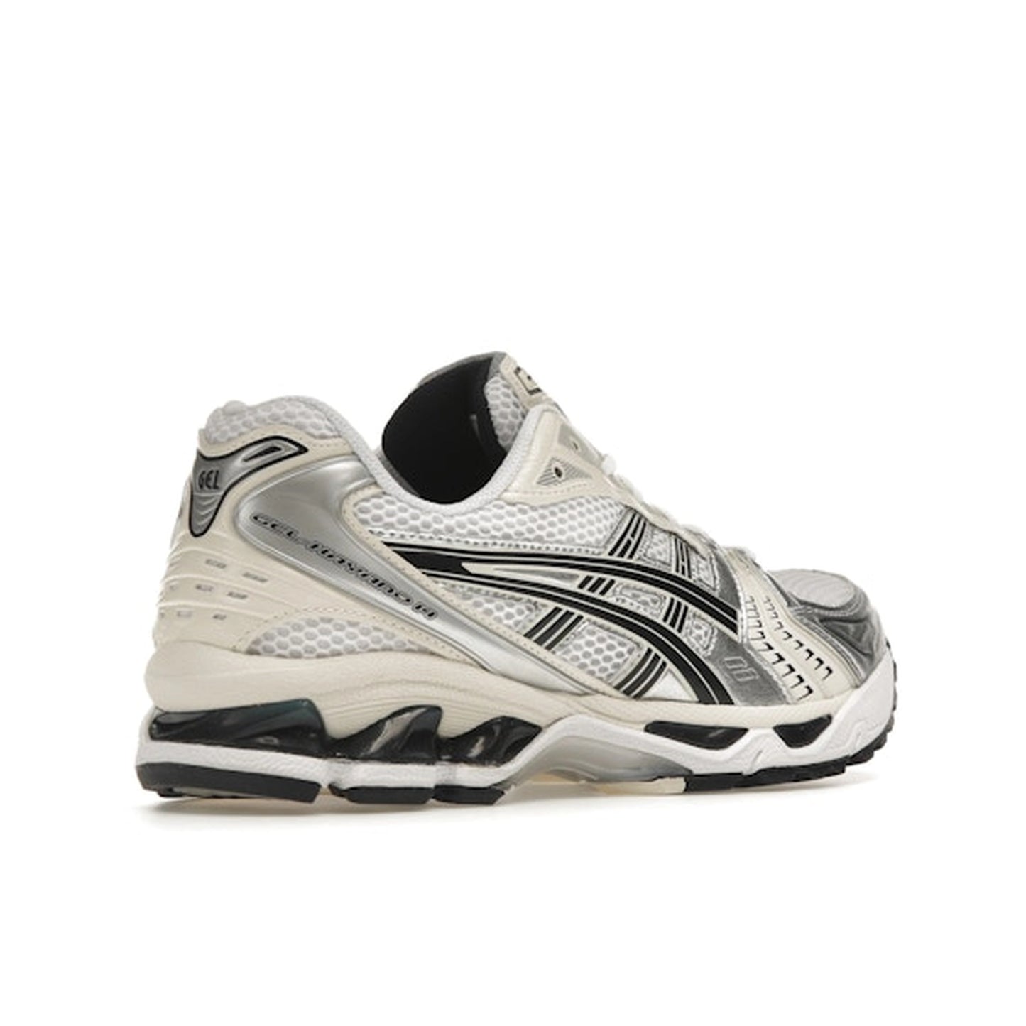 ASICS Gel-Kayano 14 Women’s sneakers, back view, in white with midnight navy accents.