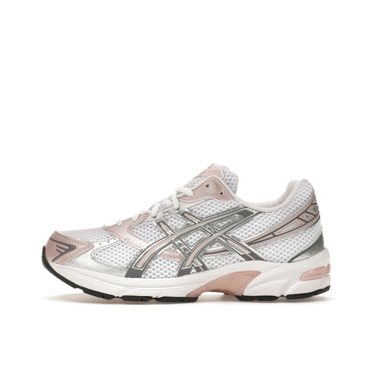 ASICS Gel-1130, side view, in white mesh with neutral pink and silver details.