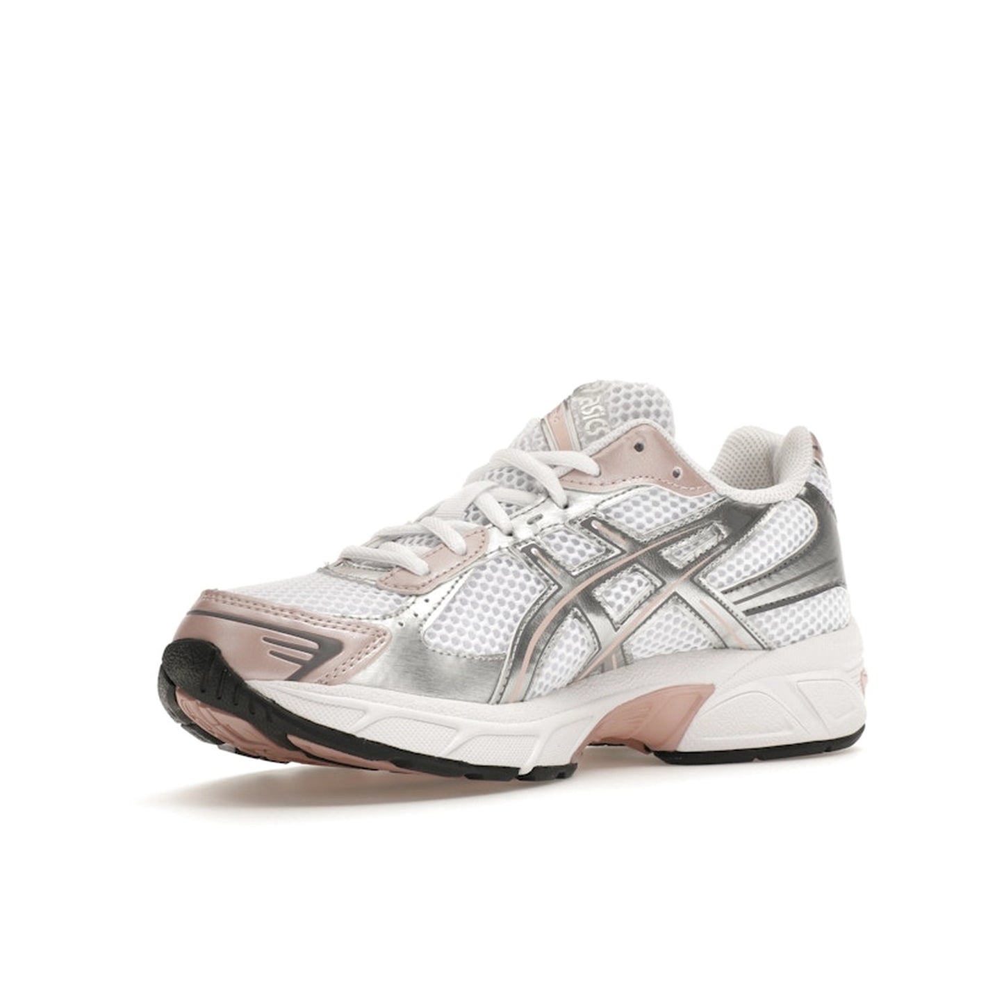 ASICS Gel-1130, front view, in white mesh with neutral pink and silver details.