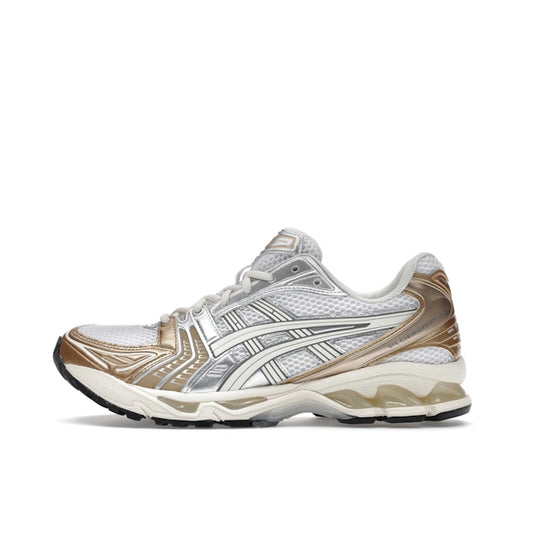 ASICS GEL-Kayano 14 Olympic Medals, side view, in white mesh with gold and bronze metallic overlays.