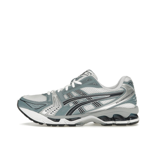 ASICS Gel-Kayano 14, side view, in white mesh with silver and fjord grey overlays.