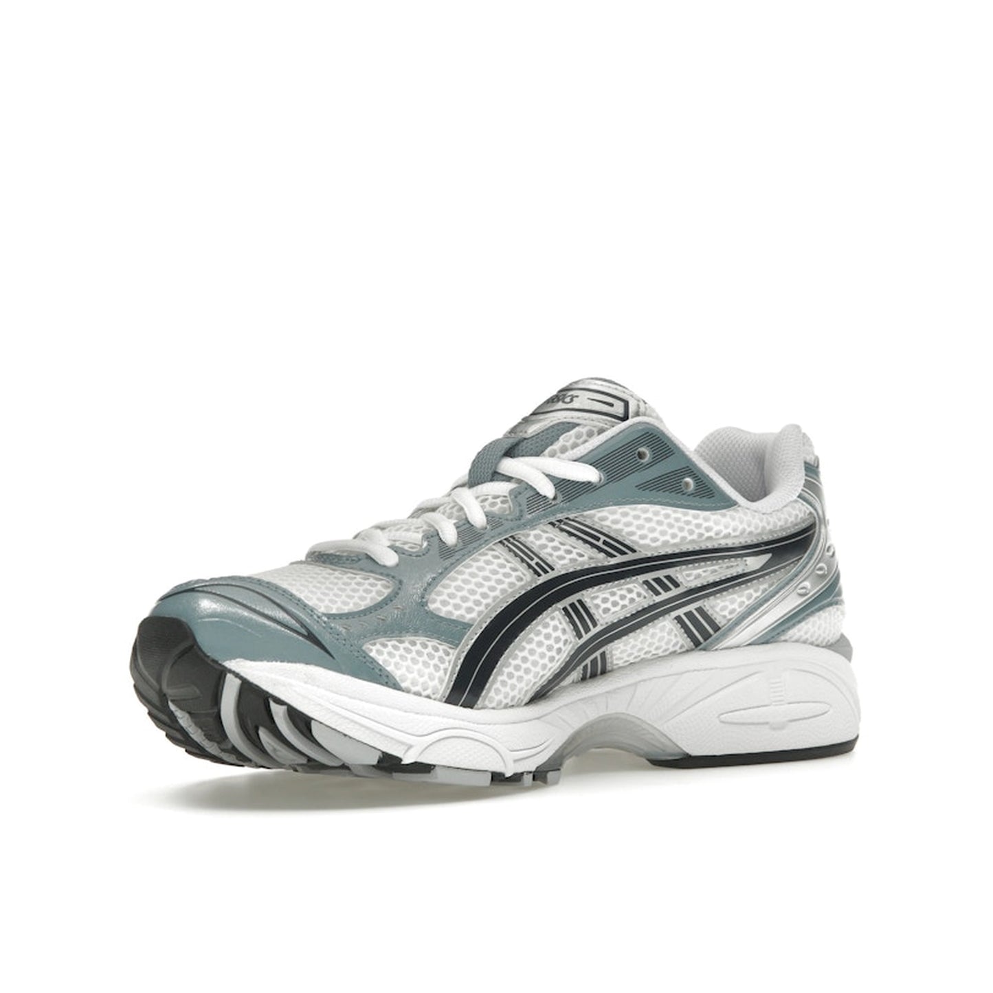 ASICS Gel-Kayano 14, front view, in white mesh with silver and fjord grey overlays.