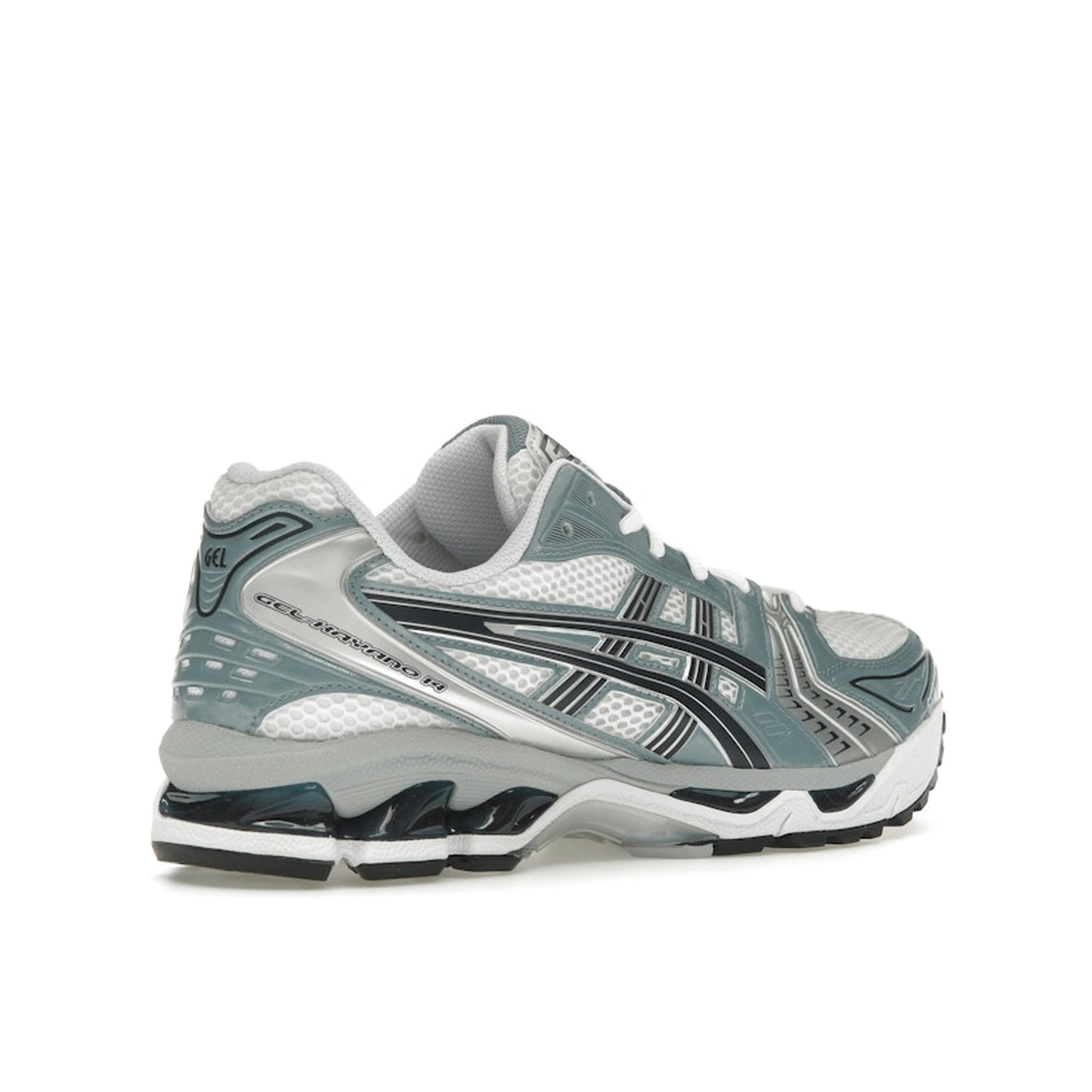 ASICS Gel-Kayano 14, back view, in white mesh with silver and fjord grey overlays.