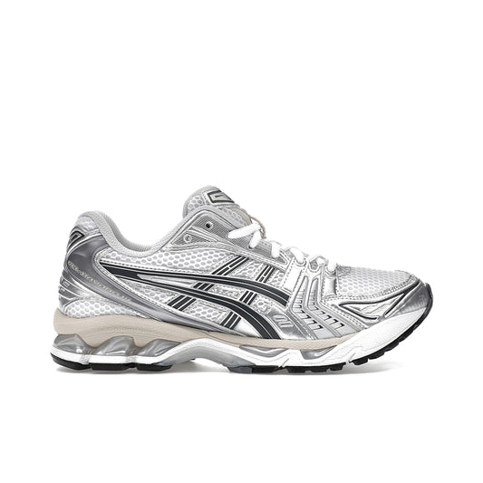 ASICS Gel‑Kayano 14 sneakers in white with graphite grey mesh upper