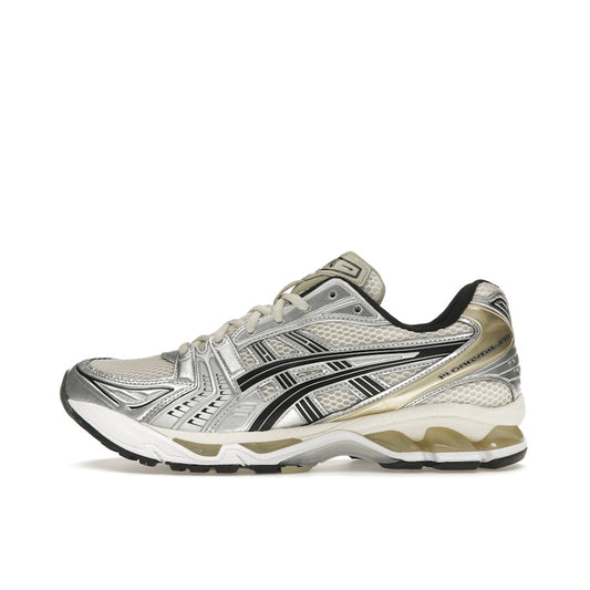 ASICS Gel-Kayano 14 Birch, side view, in soft beige mesh with silver synthetic structure.