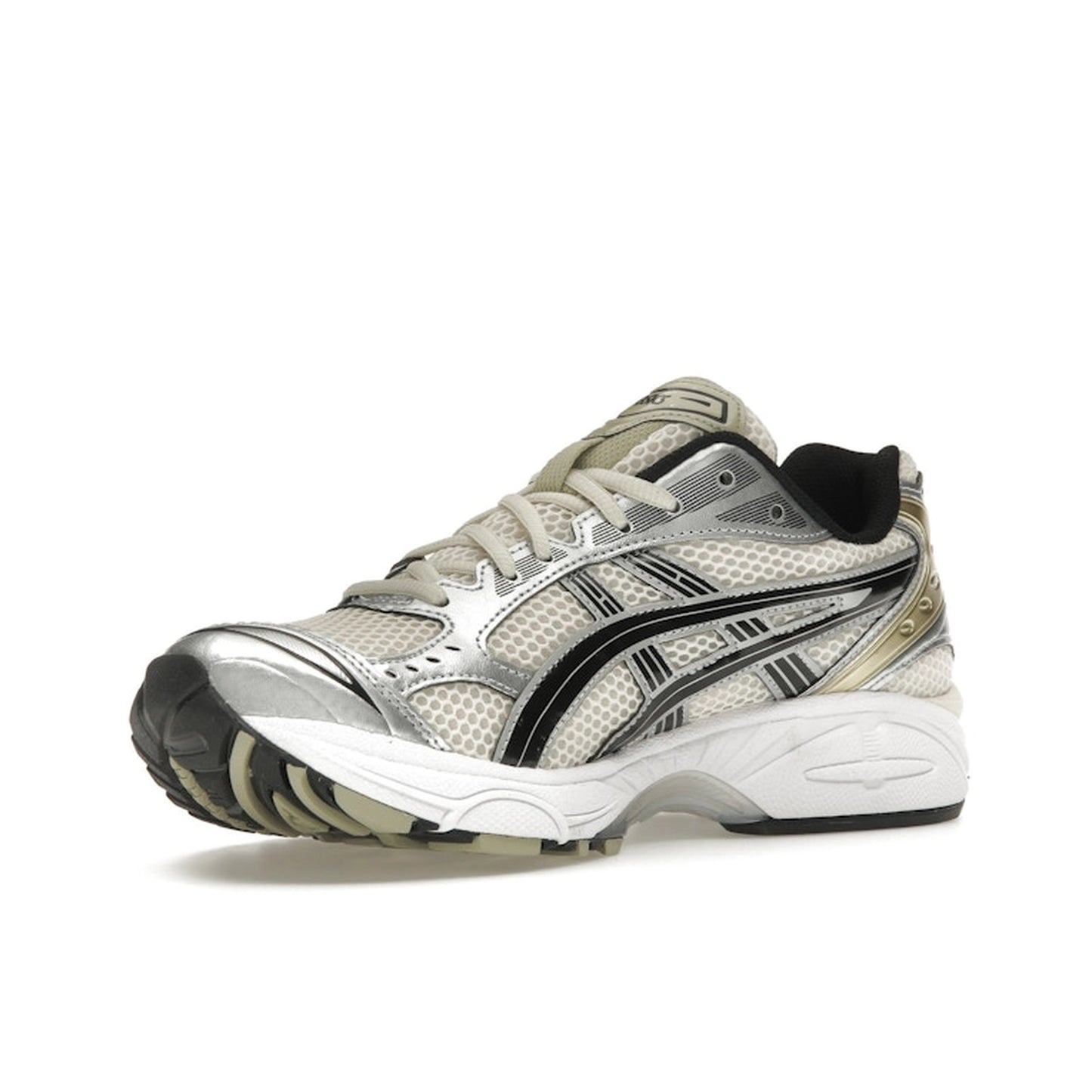 ASICS Gel-Kayano 14 Birch, front view, in soft beige mesh with silver synthetic structure.