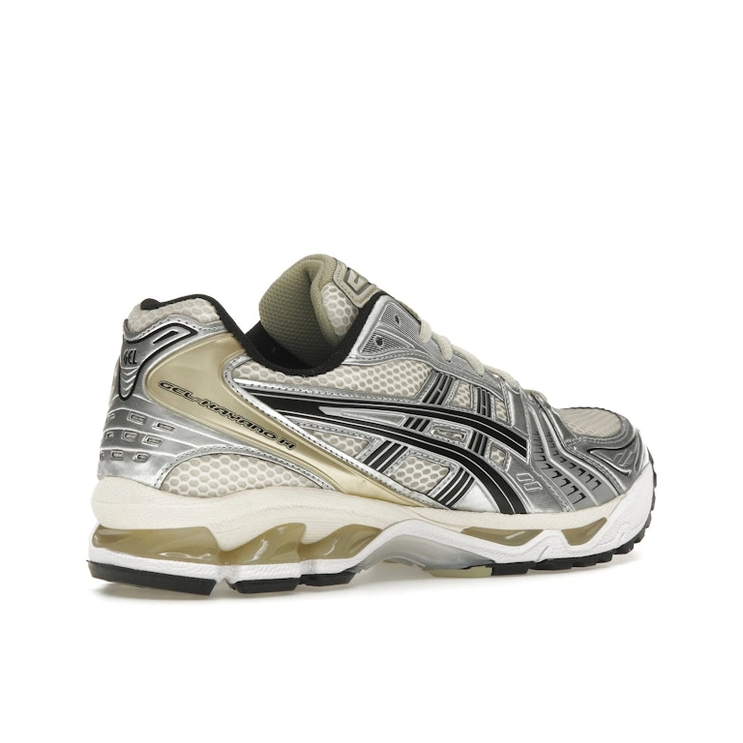 ASICS Gel-Kayano 14 Birch, back view, in soft beige mesh with silver synthetic structure.