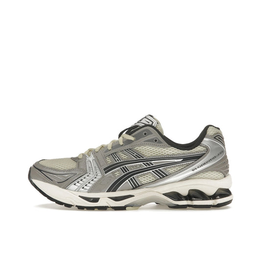 ASICS Gel-Kayano 14, side view, in oyster white mesh with steeple grey synthetic details.