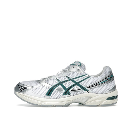 ASICS GEL-1130 sneakers, side view, in white with rainy lake blue accents and layered design.