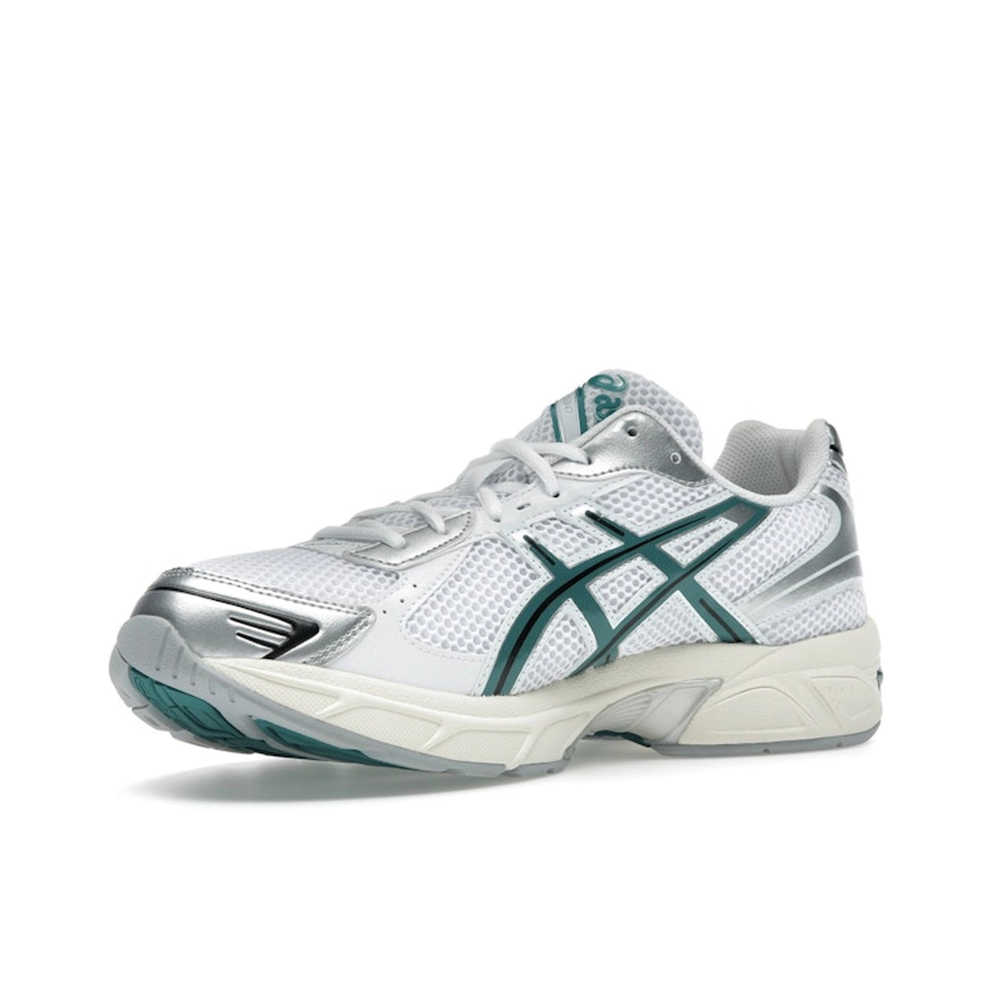 ASICS GEL-1130 sneakers, front view, in white with rainy lake blue accents and layered design.