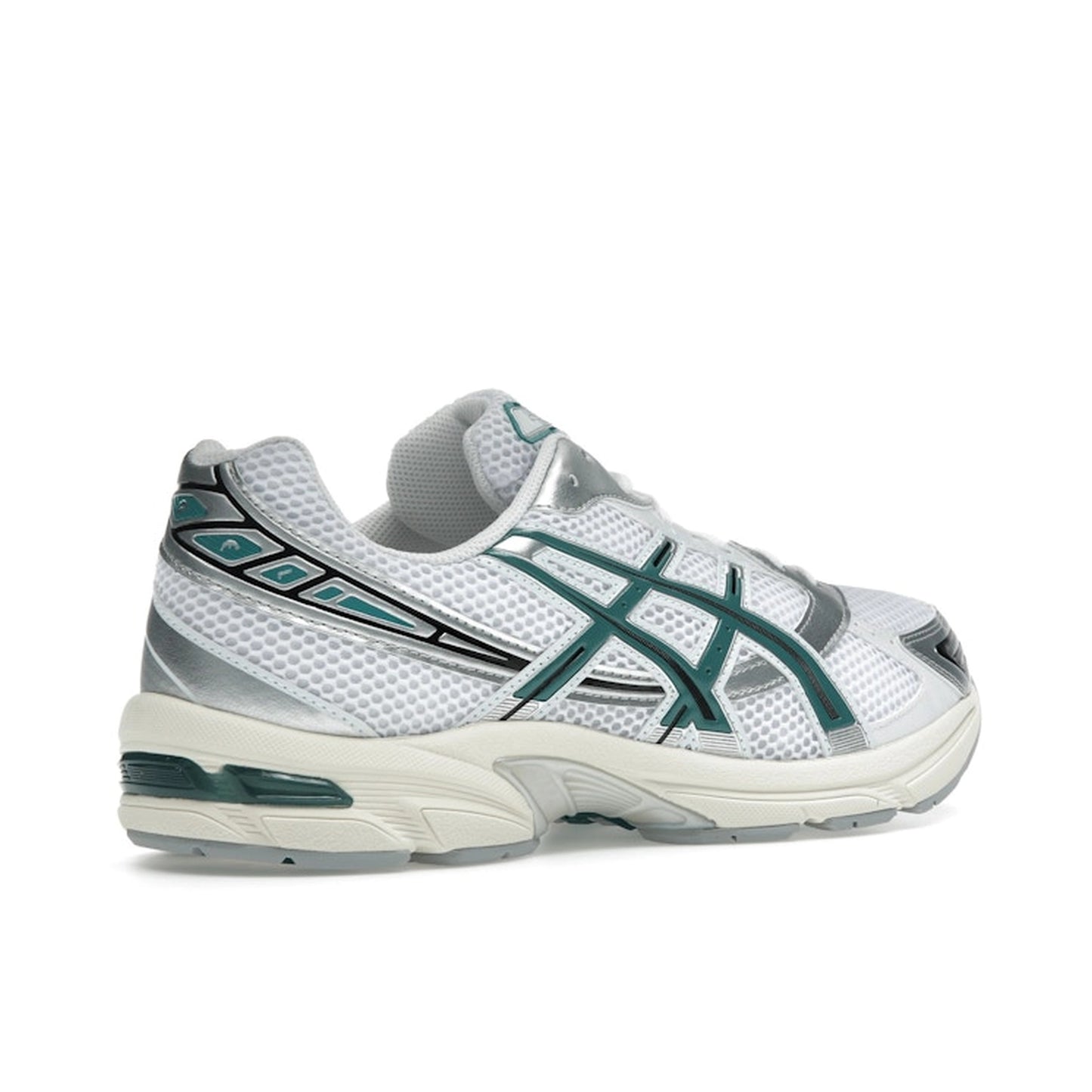 ASICS GEL-1130 sneakers, back view, in white with rainy lake blue accents and layered design.