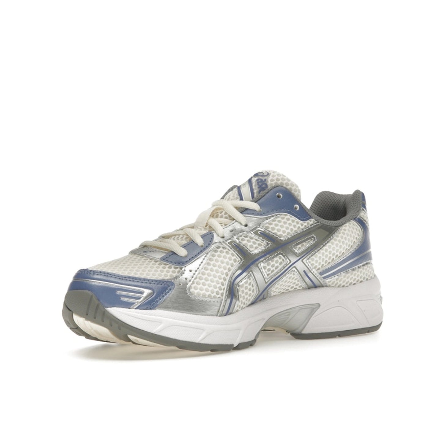 ASICS GEL-1130 sneakers, front view, in cream with blueberry blue accents.