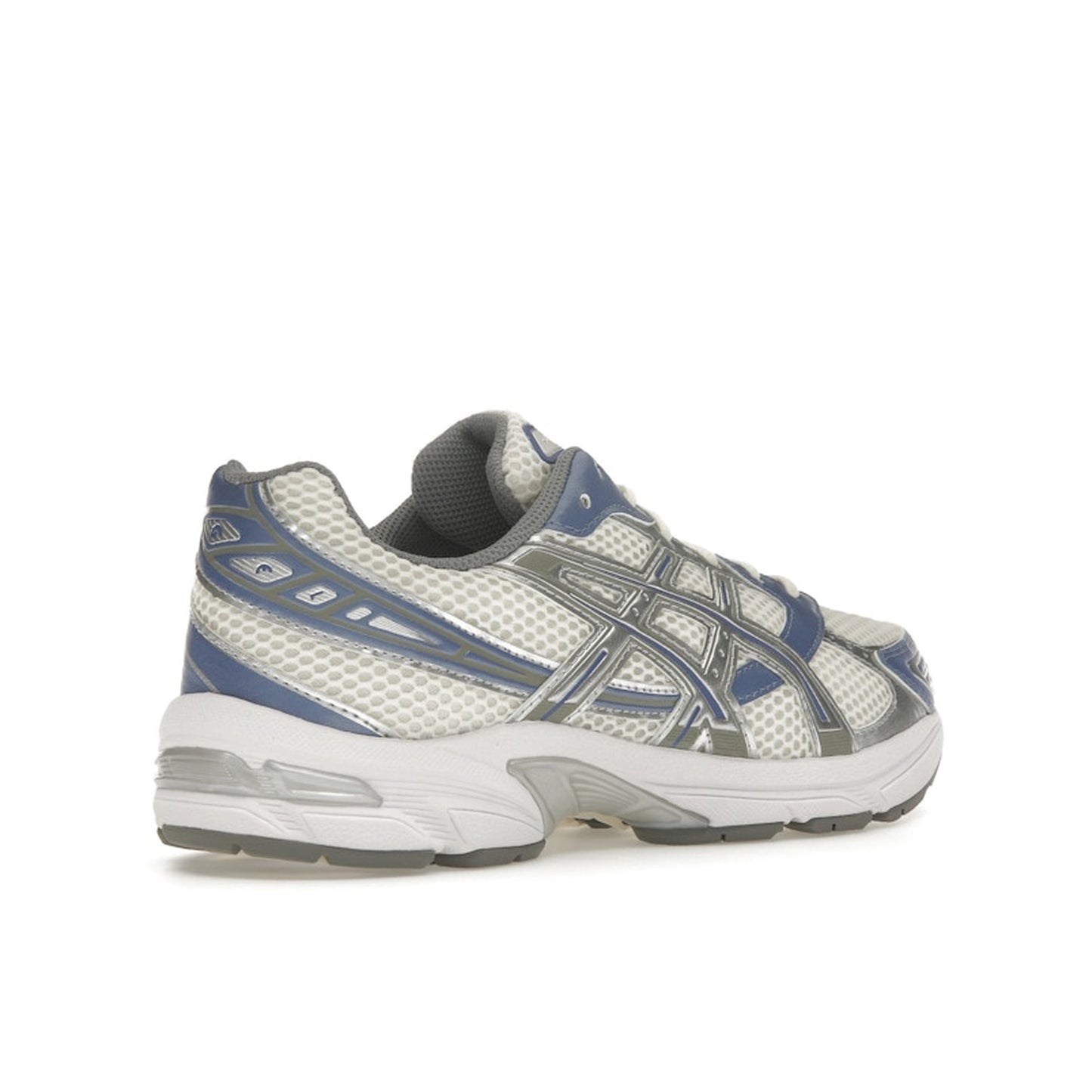 ASICS GEL-1130 sneakers, back view, in cream with blueberry blue accents.